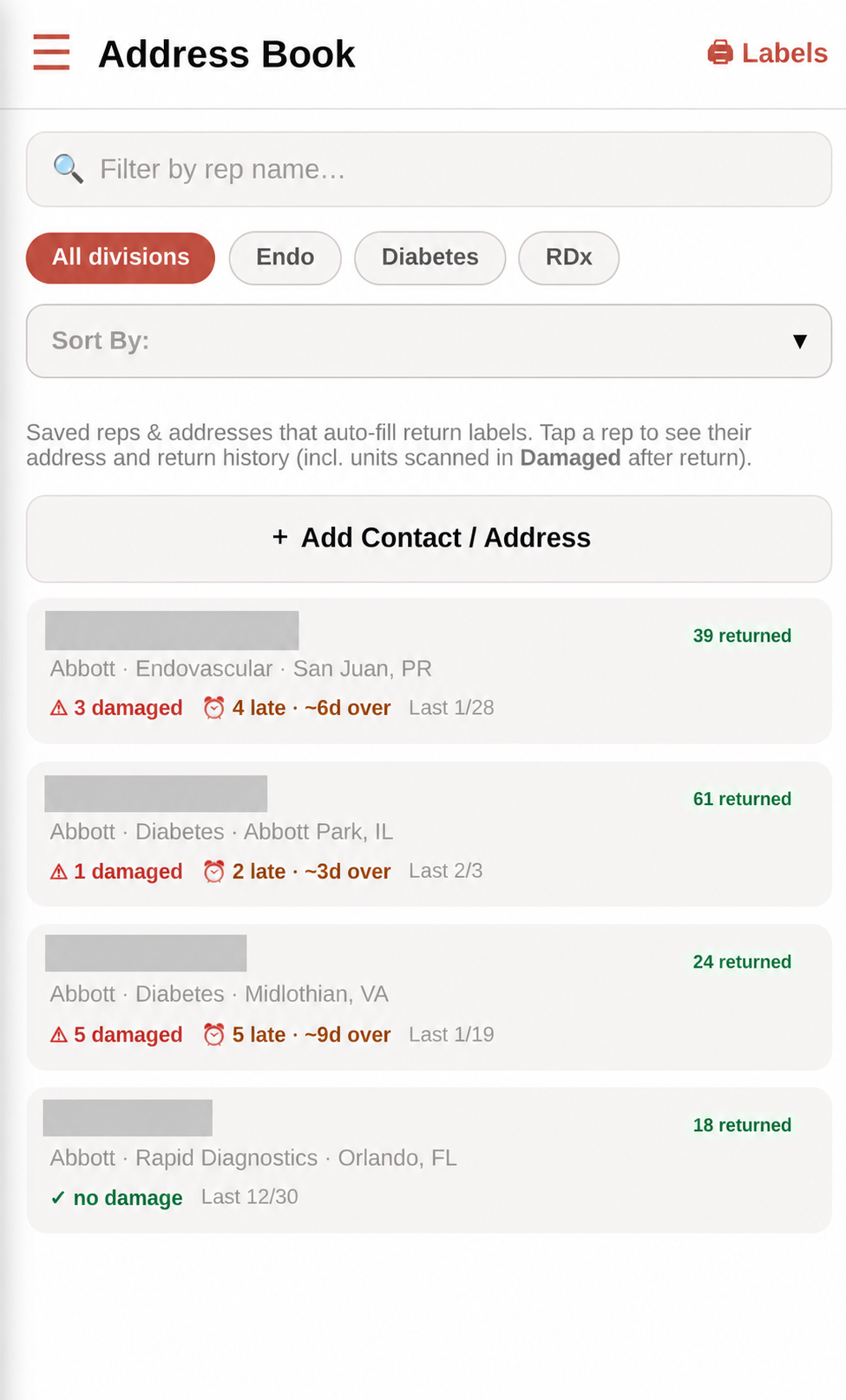 CCI Nexus address-management screen with identifying names fully redacted