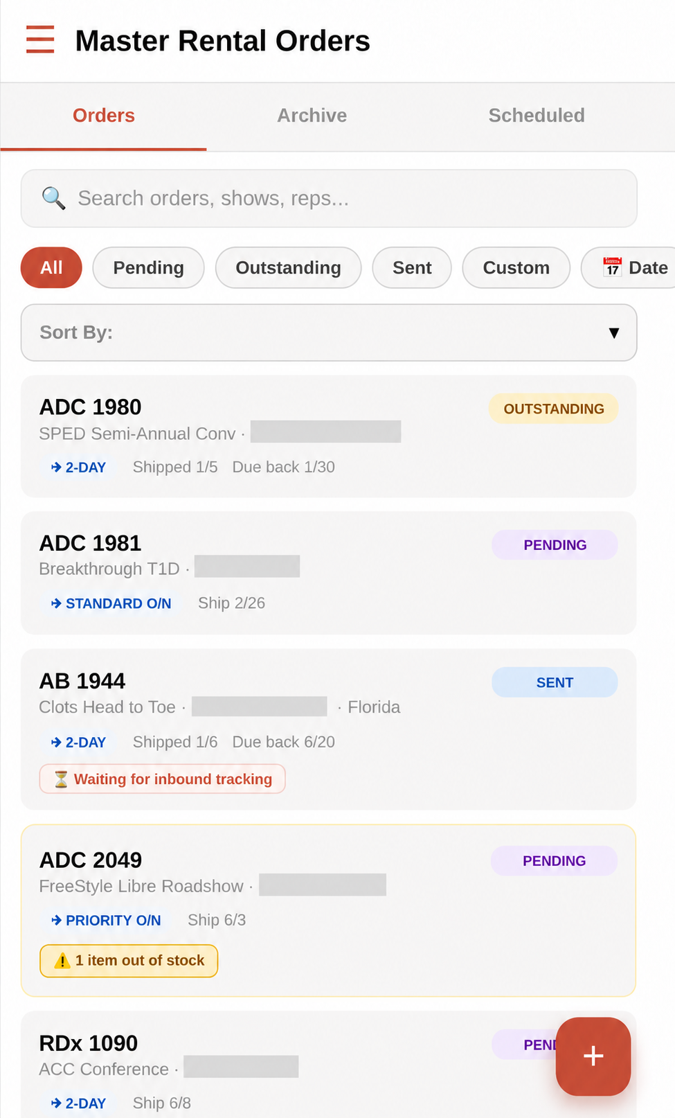 CCI Nexus master rental orders screen with identifying names fully redacted